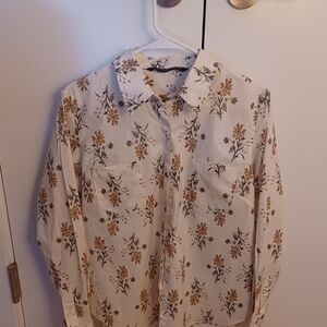 Women's White Floral Button-Up Shirt - Long Sleeve